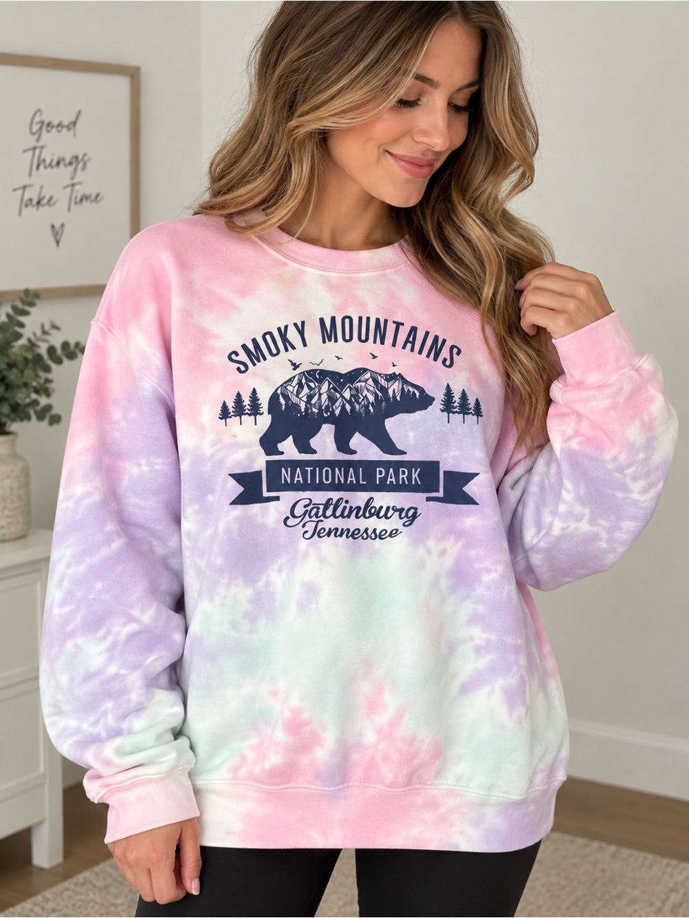 Smoky Mountains Tie-Dye Crewneck Sweatshirt - Pastel Pink Lavender Mint